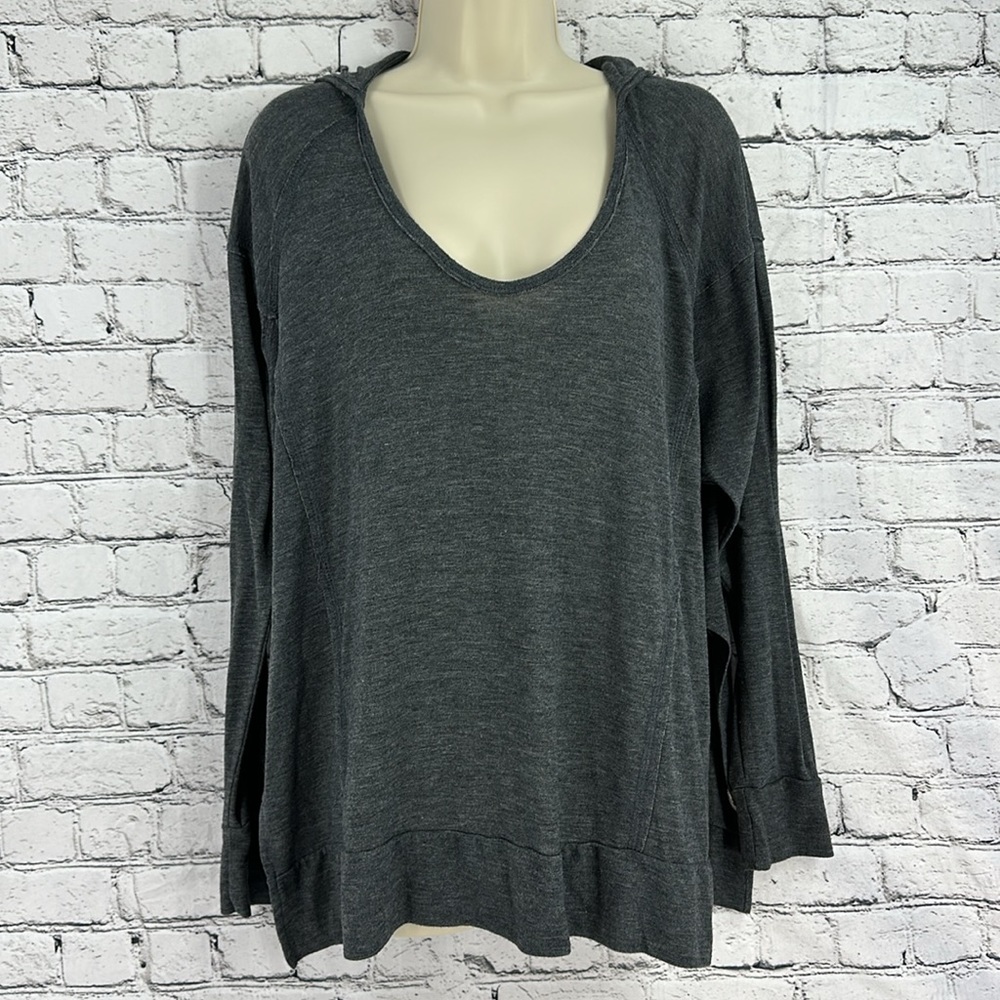 BKE Wide Neck Side Slit Oversized Lightweight Hooded LS Tee MEDIUM Dark Gray GUC